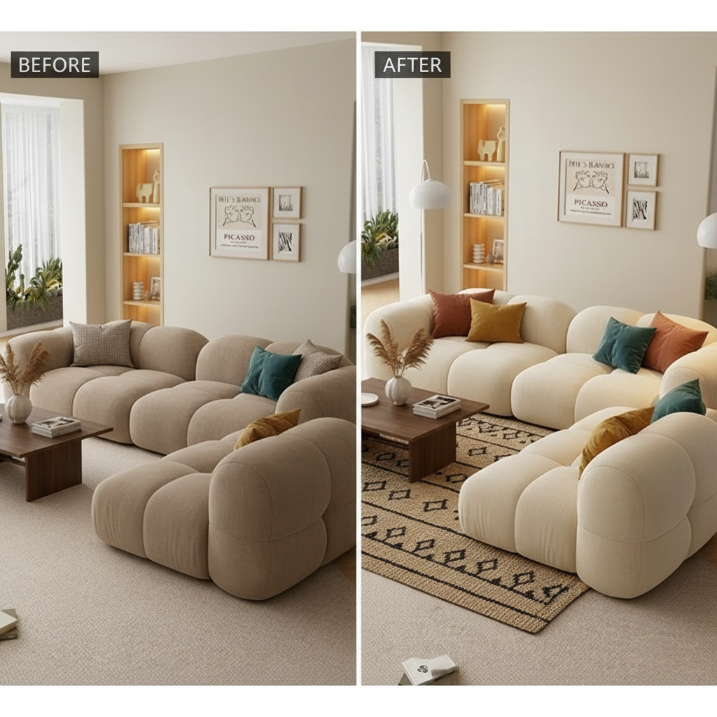 Hot Selling Modern Design Cream Style Living Room Sofa Puff Set Solid Color Corduroy Material Modular Lazy Chair Furniture